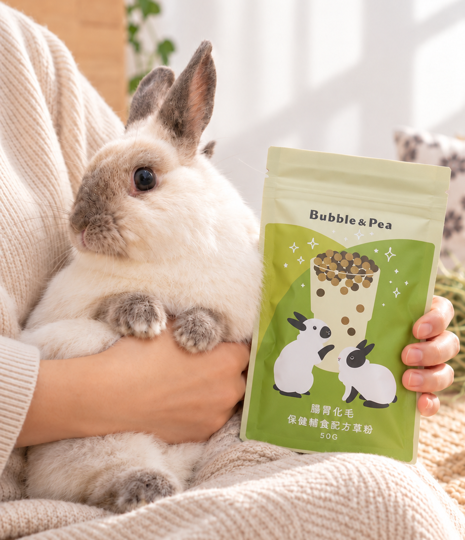 A rabbit held in someone’s arms next to a pouch of Bubble & Pea hay powder