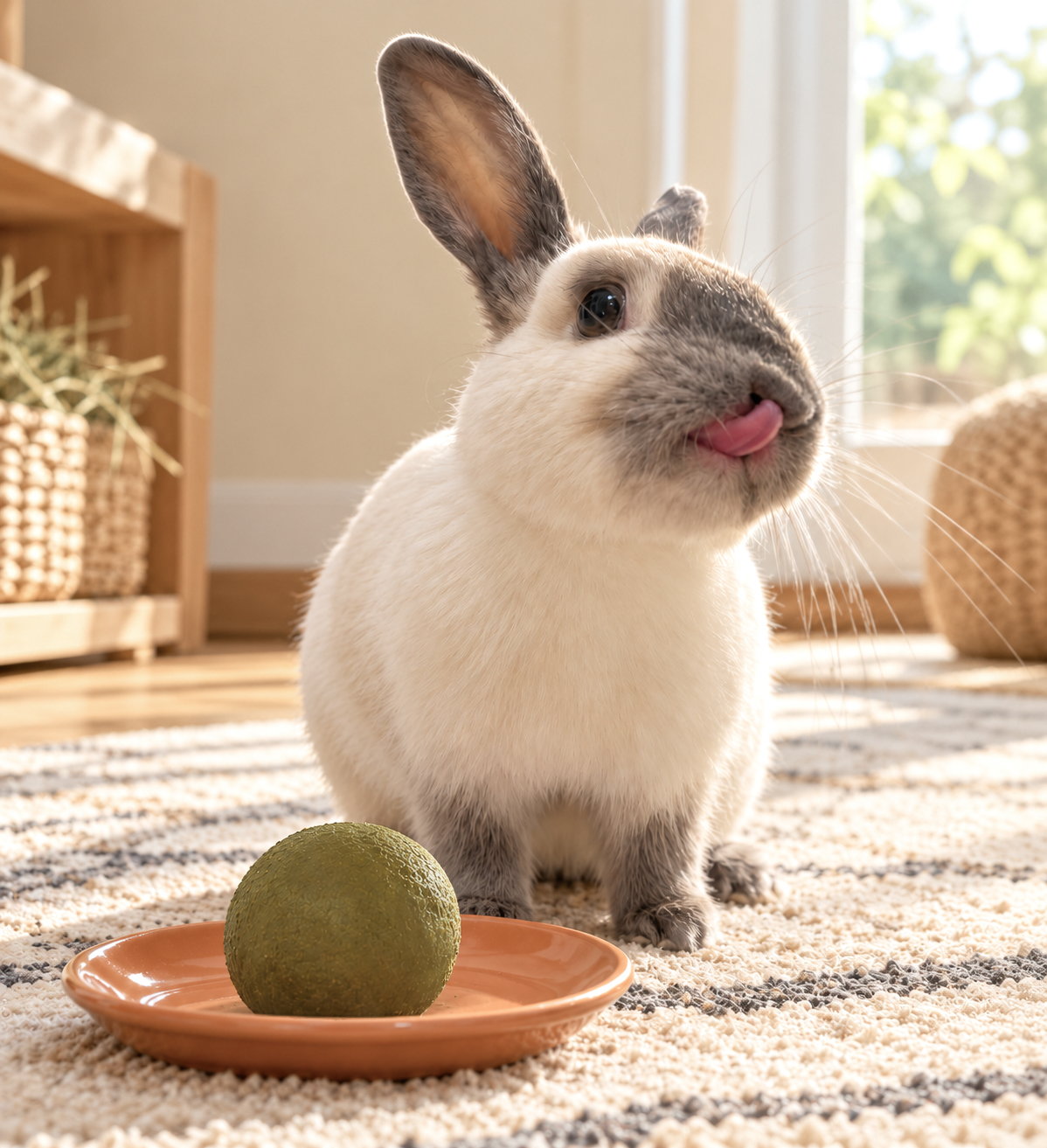 A cream and gray rabbit sitting upright on a rug beside a shallow dish