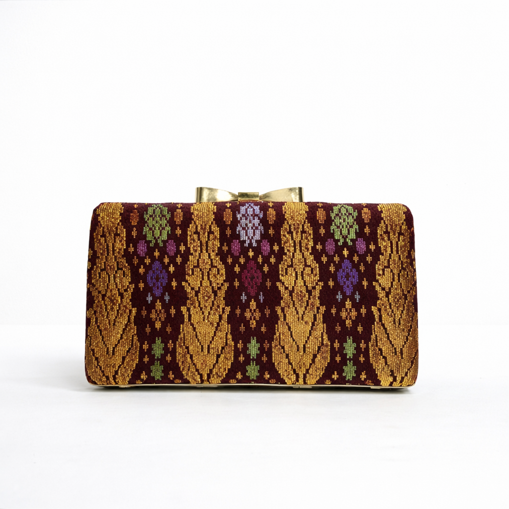 Elegant brocade clutch with gold clasp
