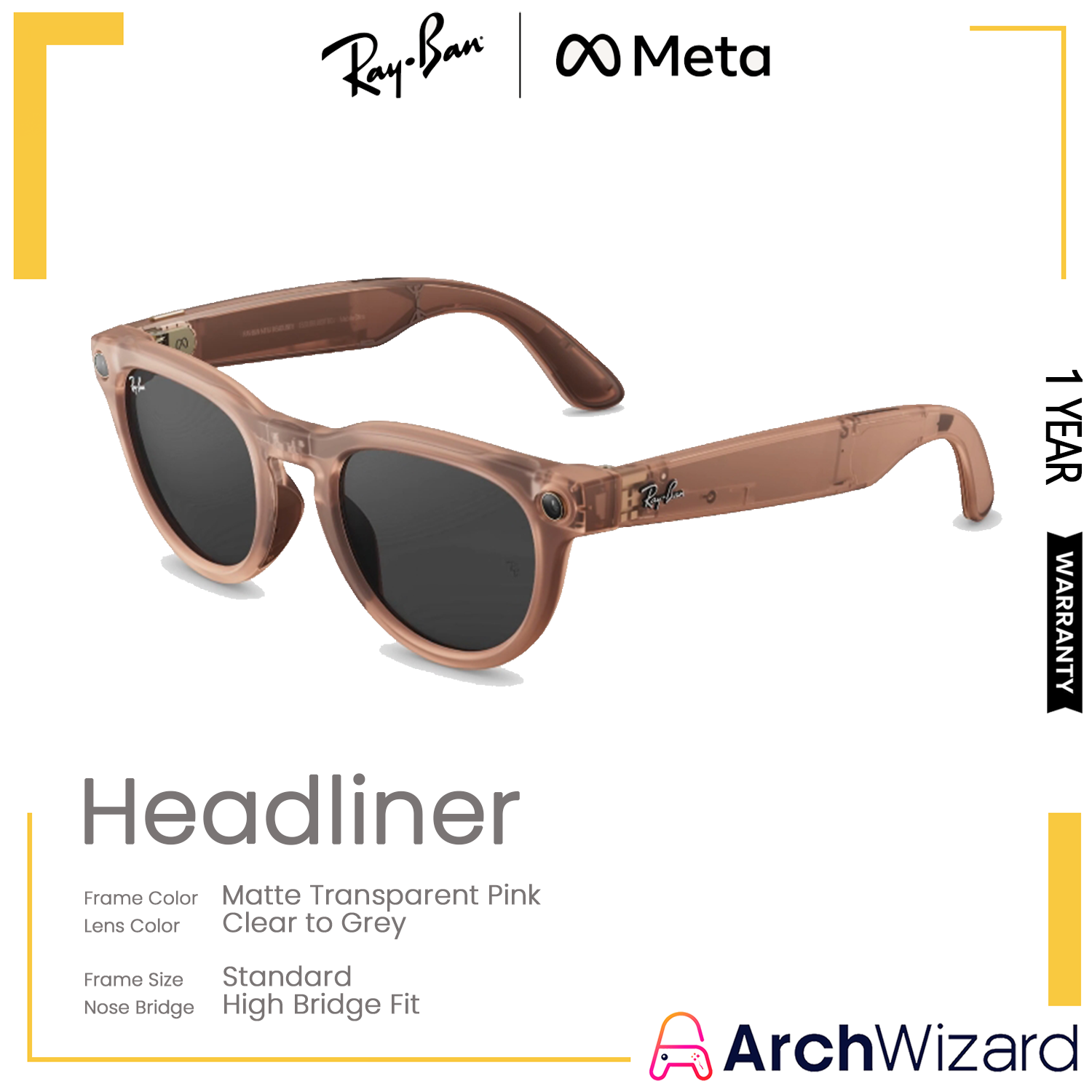 Ray Ban Meta Headliner Gen 2 (Standard, High Bridge Fit) Matte Transparent Peach (Clear to Gray Transitions, Transitions)