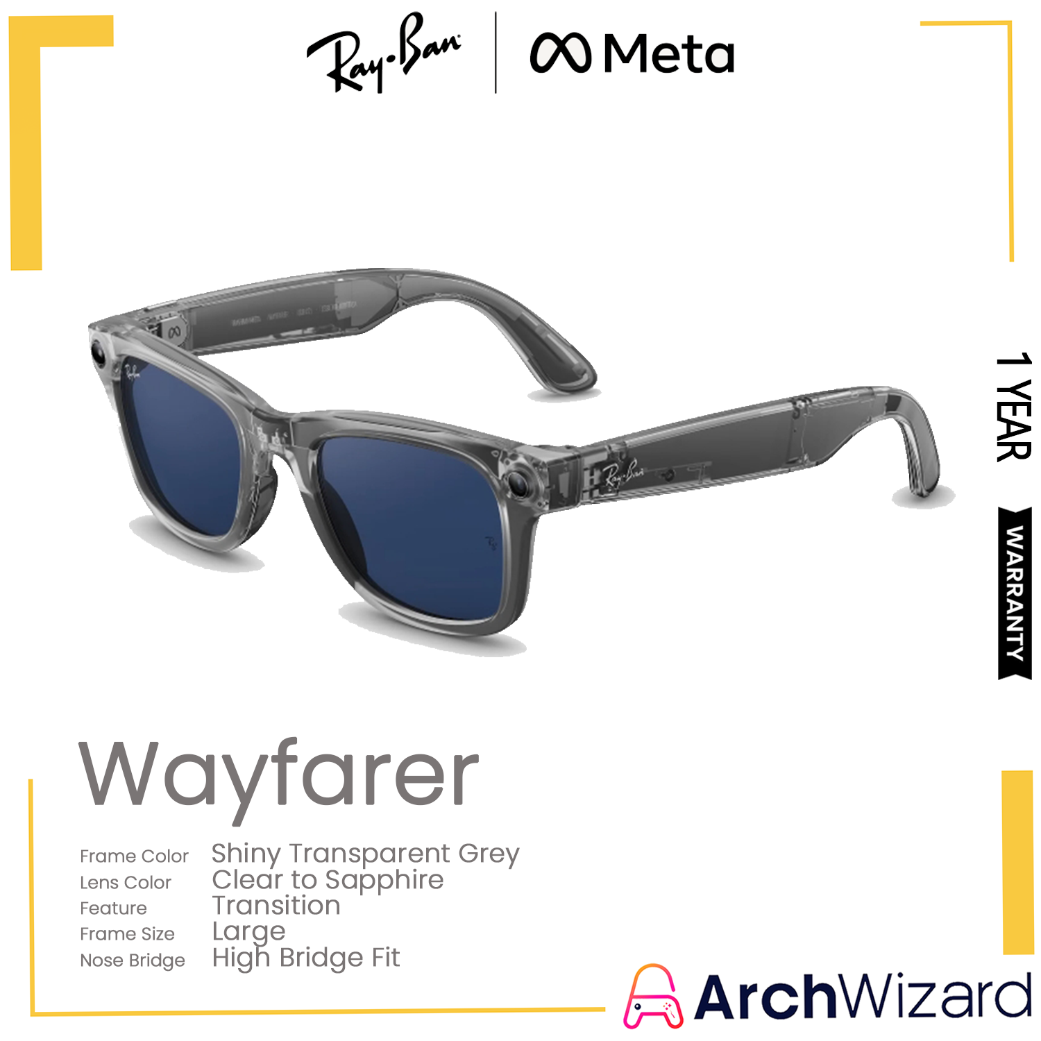 RayBan Meta Wayfarer (Large, High Bridge Fit) Shiny Transparent Grey (Clear to Sapphire Transition, Transition)