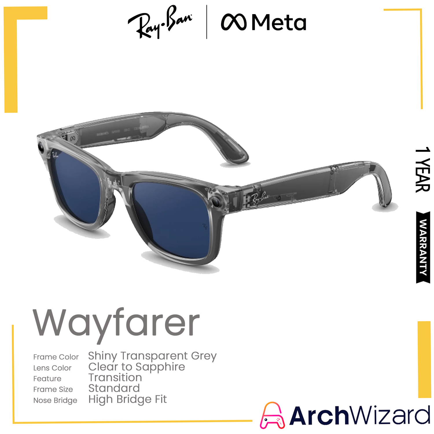 RayBan Meta Wayfarer (Standard, High Bridge Fit) Shiny Transparent Grey (Clear to Sapphire Transition, Transition)