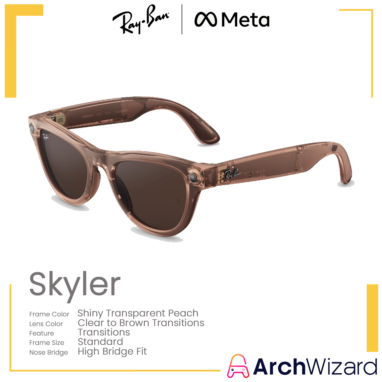 Ray Ban Meta Skyler (Standard, High Bridge Fit) Shiny Transparent Peach (Clear to Brown Transitions , Transitions) Gen 2