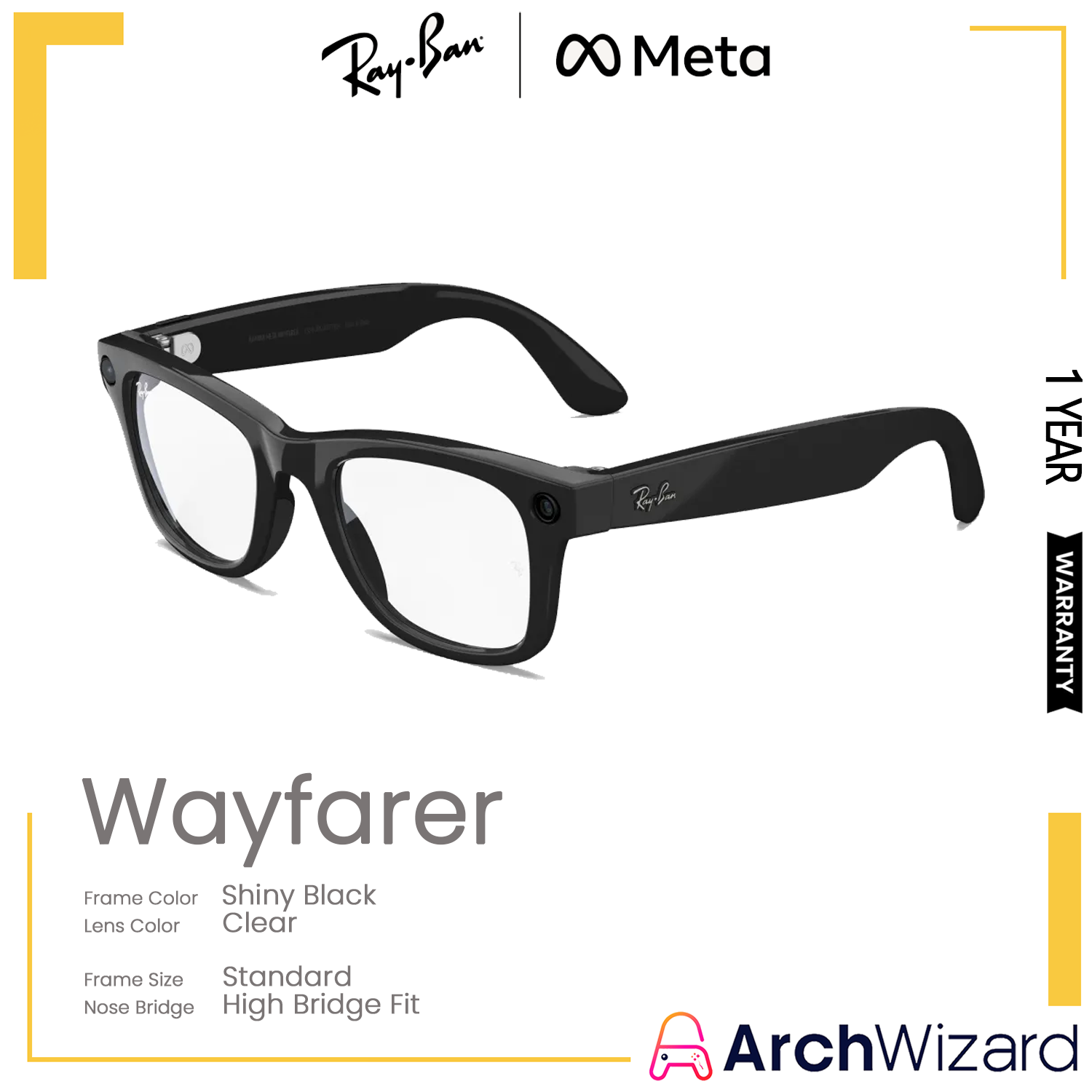 Ray-Ban Meta Wayfarer (Standard, High Bridge Fit) Shiny Black (Clear)