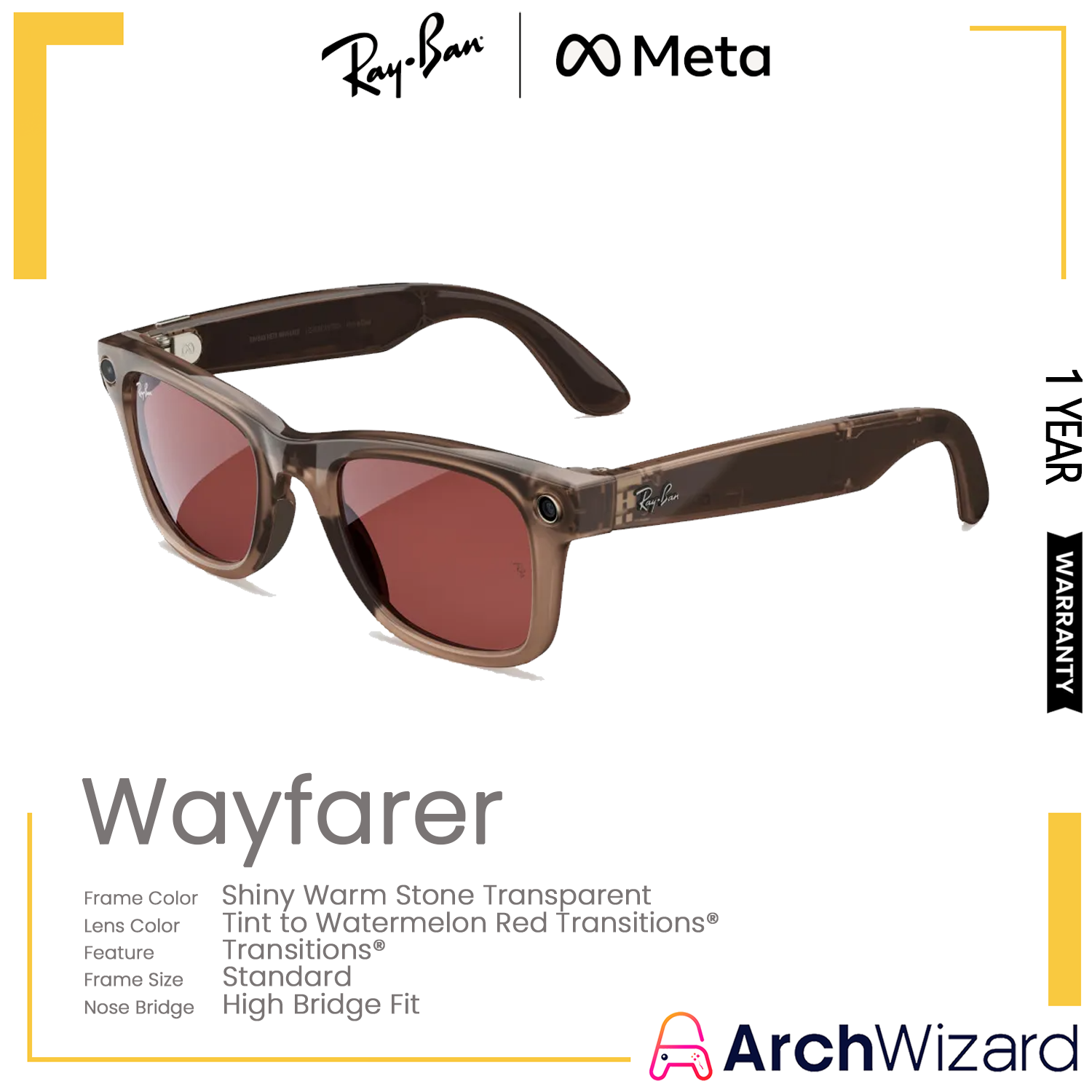 Ray-Ban Meta Wayfarer (Standard, High Bridge Fit) Shiny Warm Stone Transparent (Tint to Watermelon Red Transitions, Transitions)