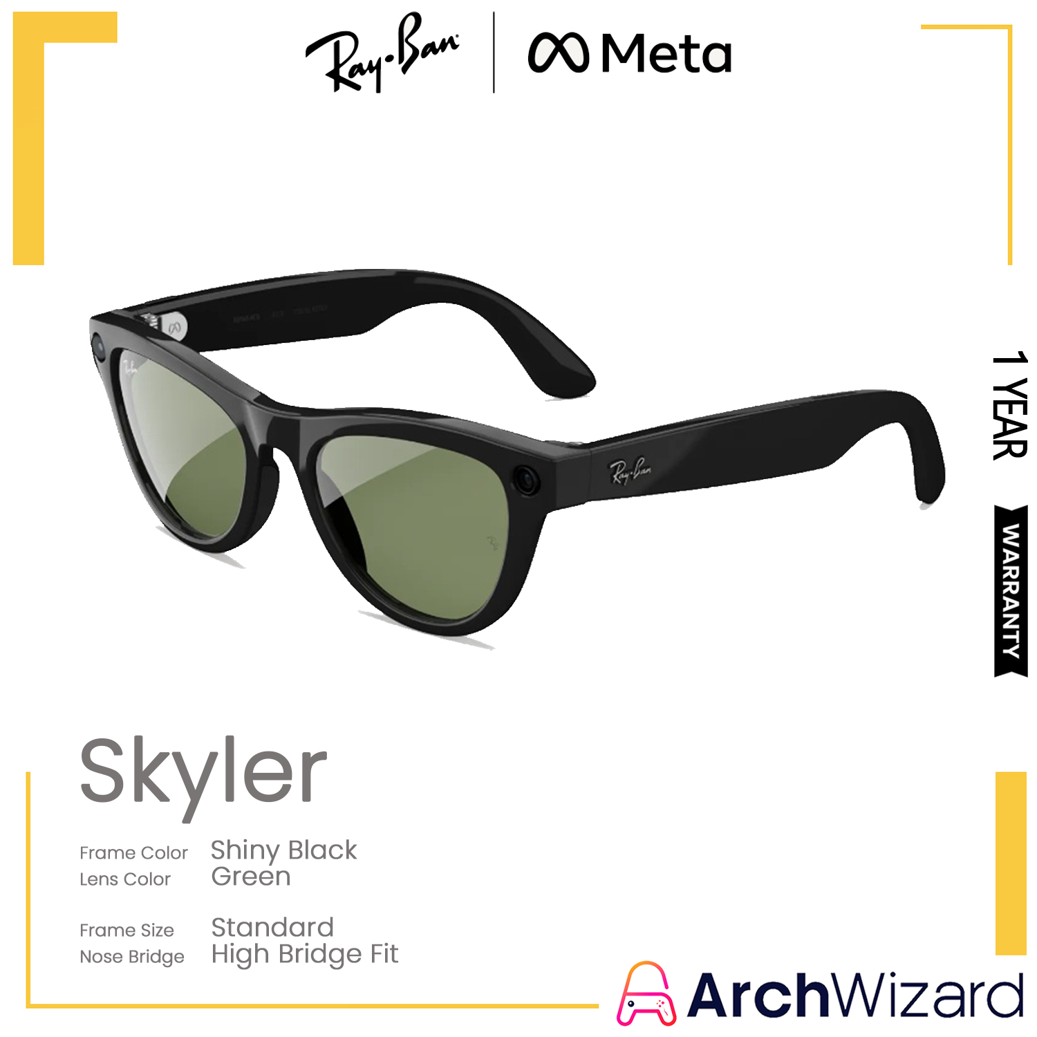 Ray-Ban Meta Skyler (Standard, High Bridge Fit) Shiny Black (Green) Gen 2