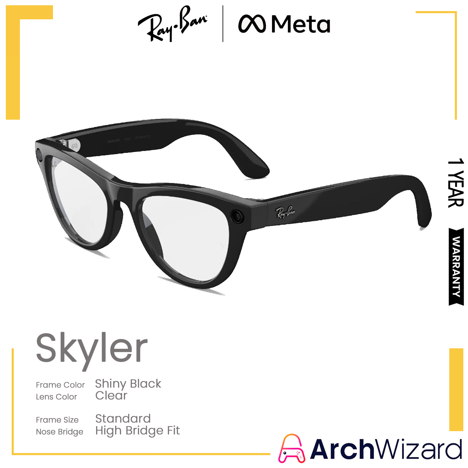 Ray Ban Meta Skyler (Standard, High Bridge Fit) Shiny Black (Clear) Gen 2