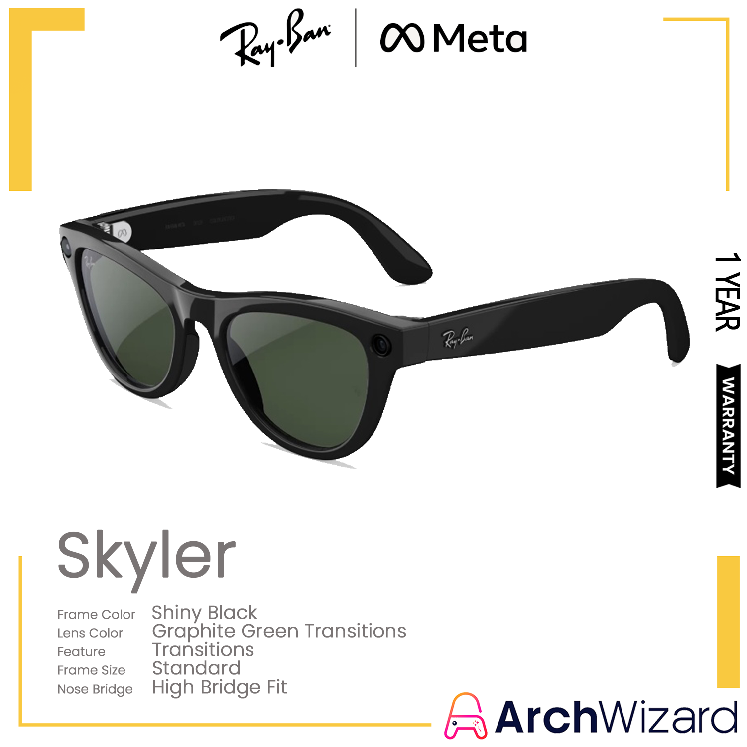 Ray Ban Meta Skyler (Standard, High Bridge Fit) Shiny Black (Gradient Green Transitions , Transitions) Gen 2