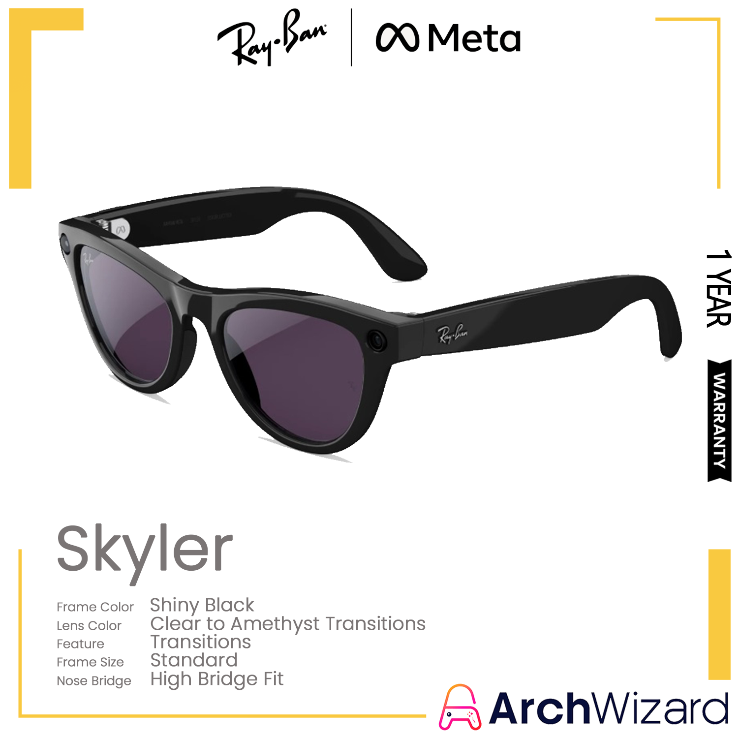 Ray Ban Meta Skyler (Standard, High Bridge Fit) Shiny Black (Clear to Amethyst Transitions , Transitions) Gen 2