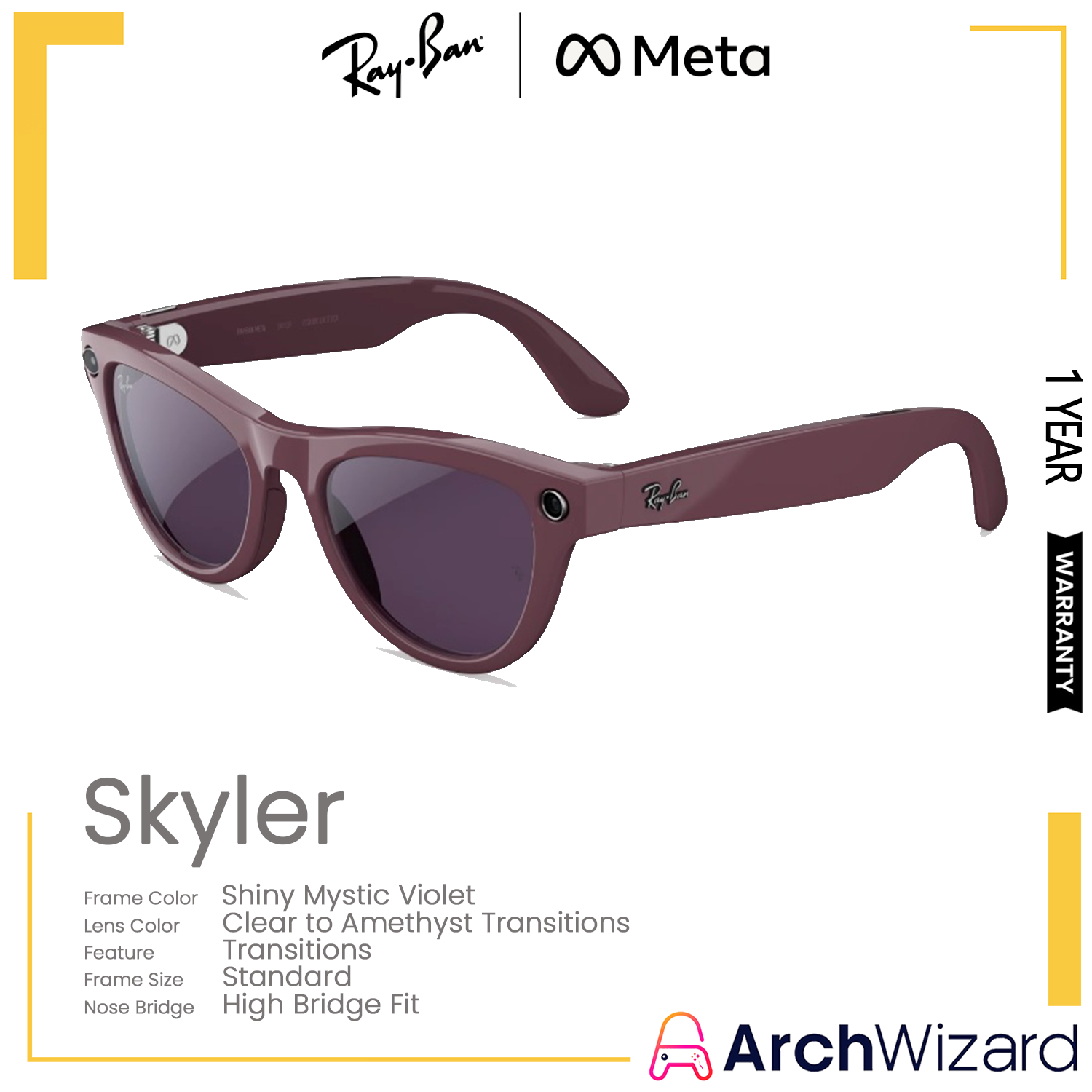 Ray Ban Meta Skyler (Standard, High Bridge Fit) Shiny Mystic Violet (Clear to Amethyst Transitions , Transitions) Gen 2