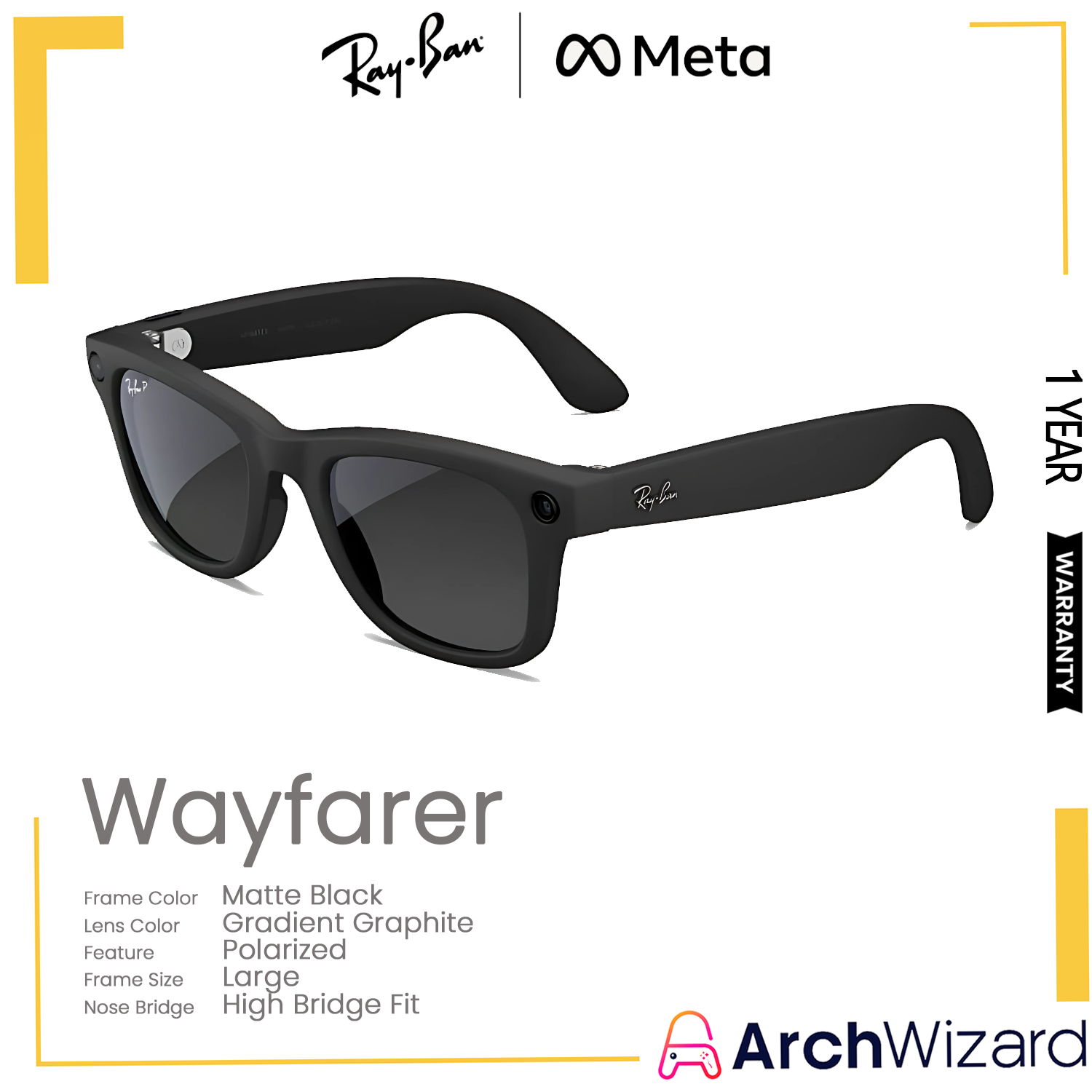 RayBan Meta Wayfarer (Large, High Bridge Fit) Matte Black (Gradient Graphite, Polarized)