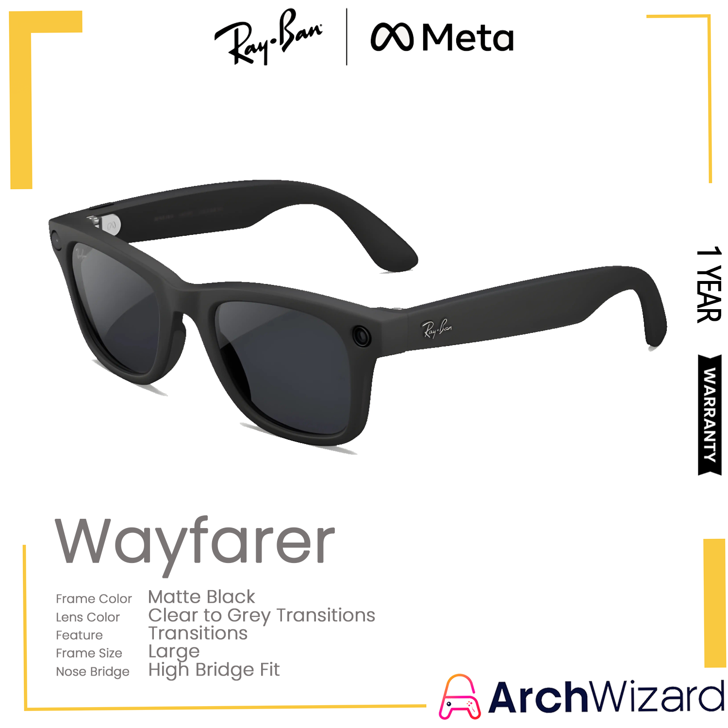 RayBan Meta Wayfarer (Large, High Bridge Fit) Matte Black (Clear to Grey Transitions, Transitions)
