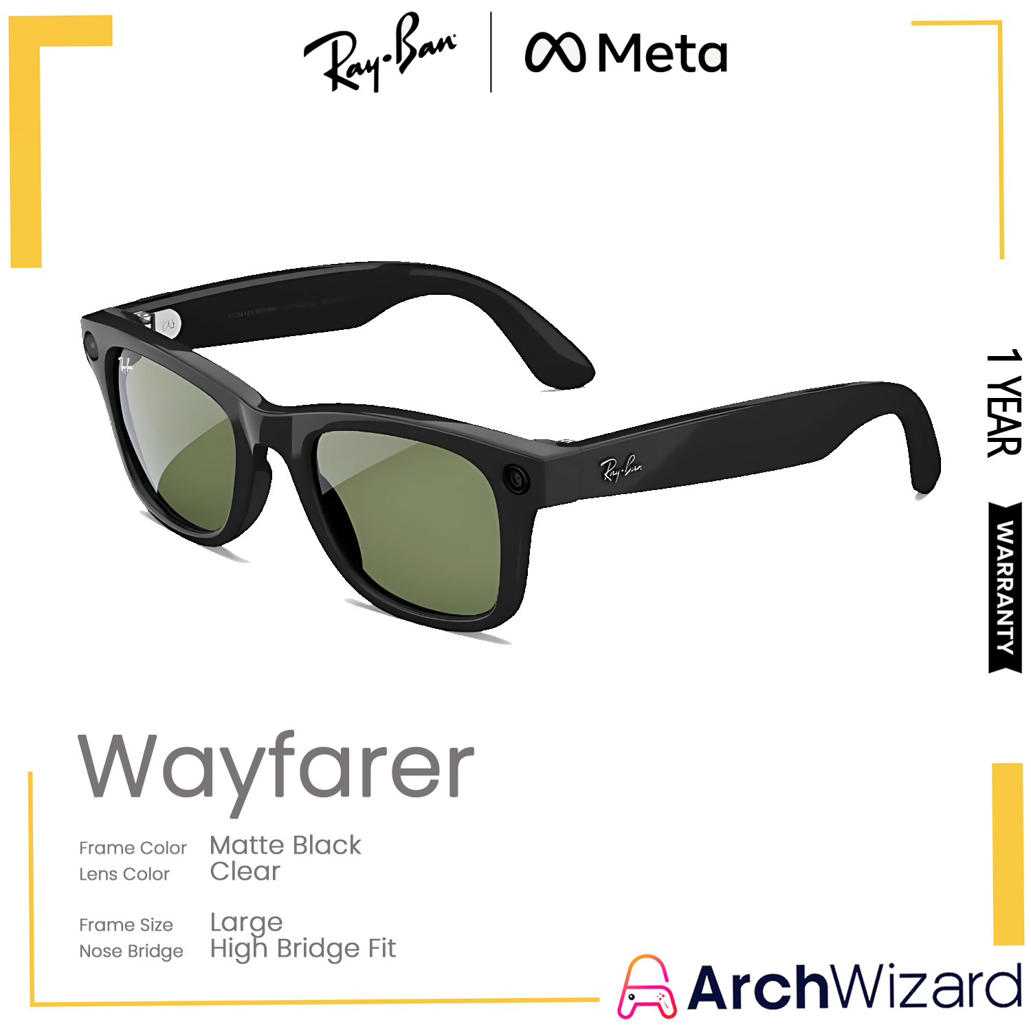RayBan Meta Wayfarer (Large, High Bridge Fit) Shiny Black (Green)
