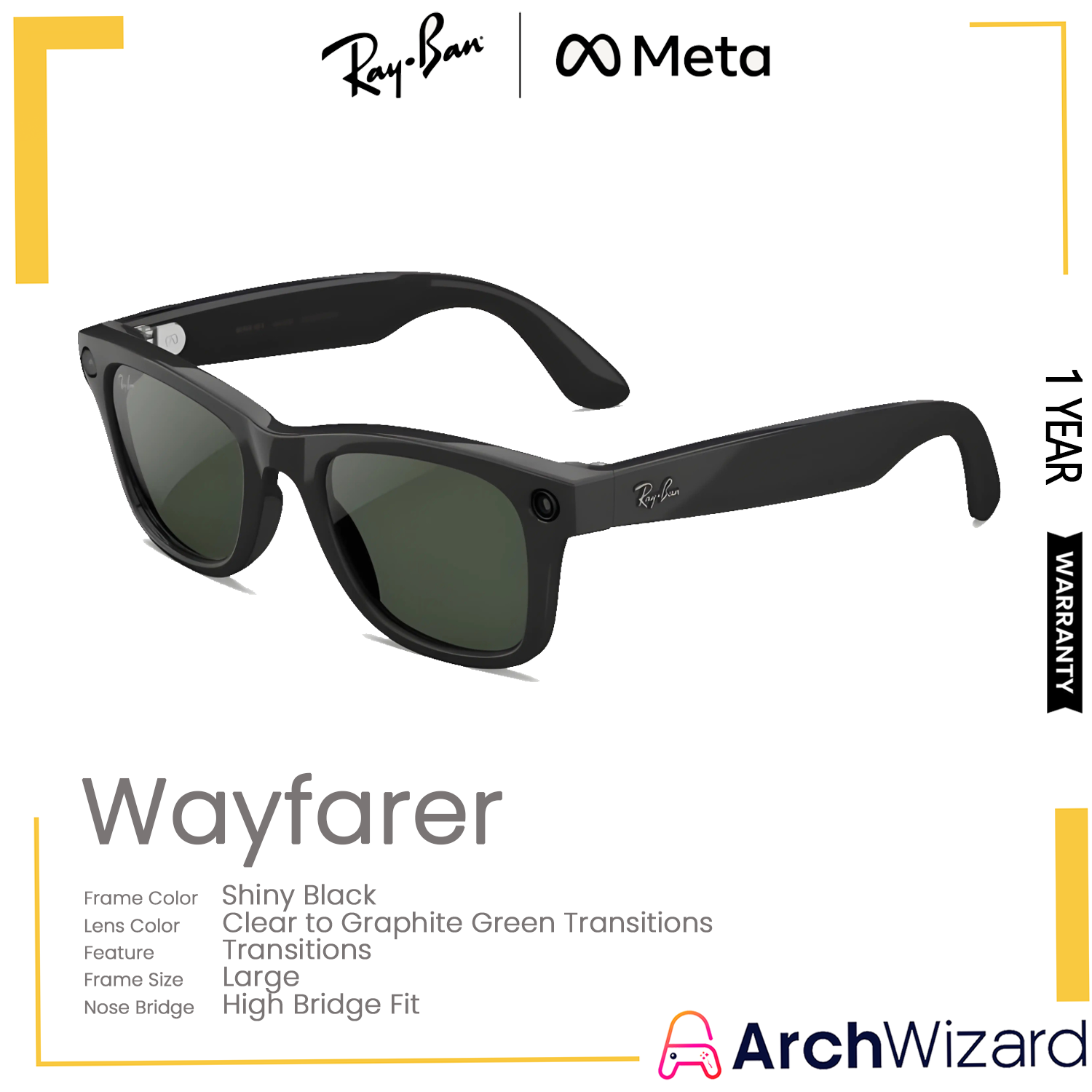 RayBan Meta Wayfarer (Large, High Bridge Fit) Shiny Black (Clear to Graphite Green Transitions, Transitions)