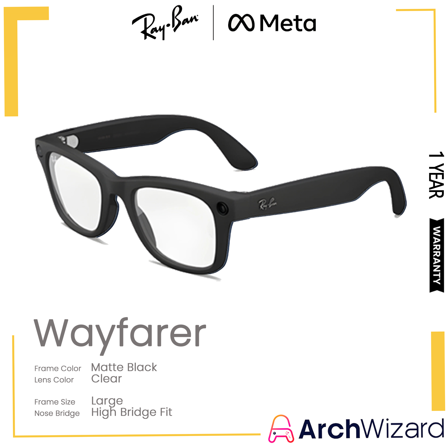 RayBan Meta Wayfarer (Large, High Bridge Fit) Matte Black (Clear)