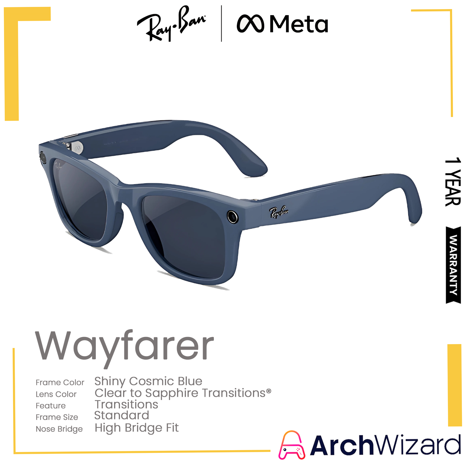 RayBan Meta Wayfarer (Standard, High Bridge Fit) Shiny Cosmic Blue (Clear to Sapphire Transitions, Transitions)