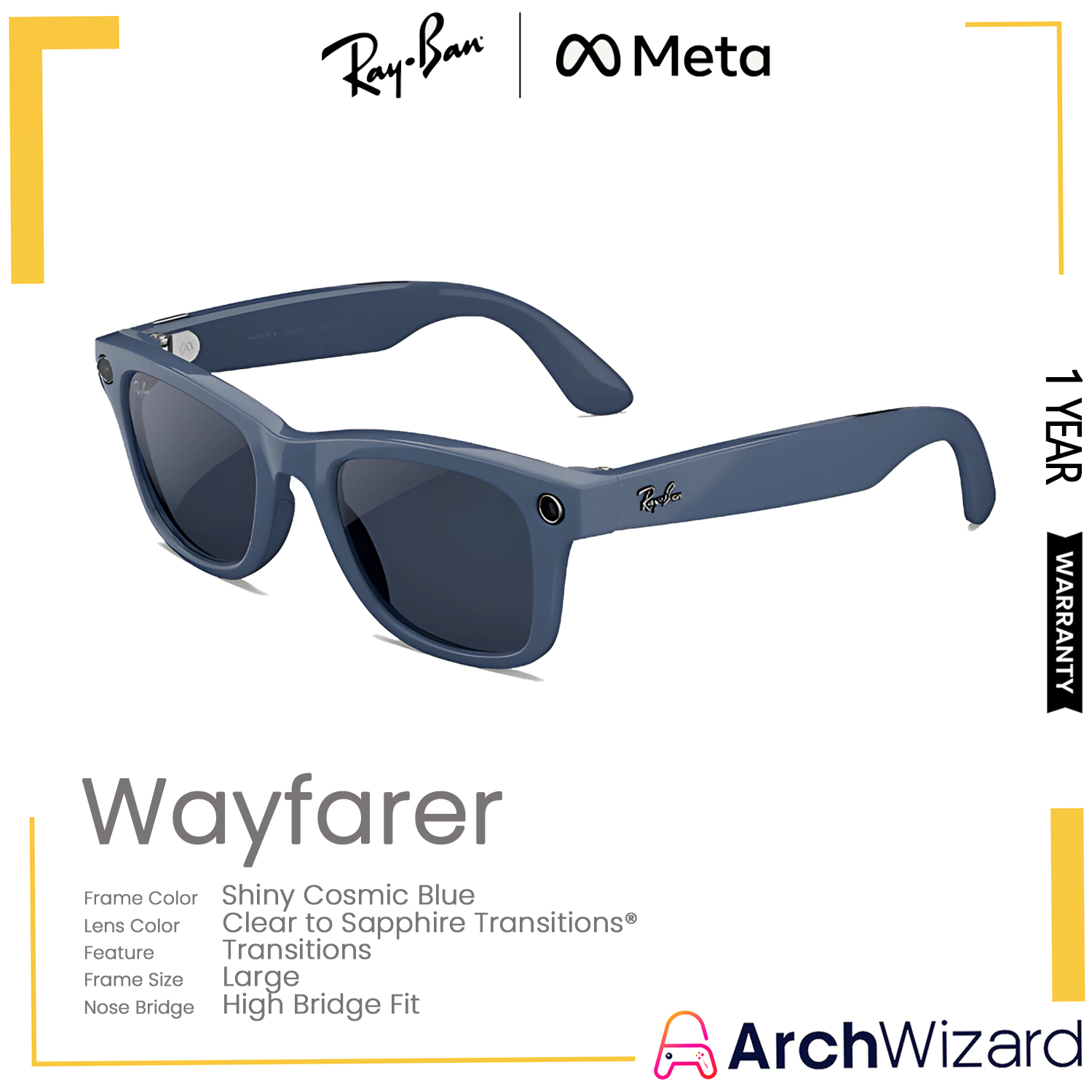 RayBan Meta Wayfarer (Large, High Bridge Fit) Shiny Cosmic Blue (Clear to Sapphire Transitions, Transitions)