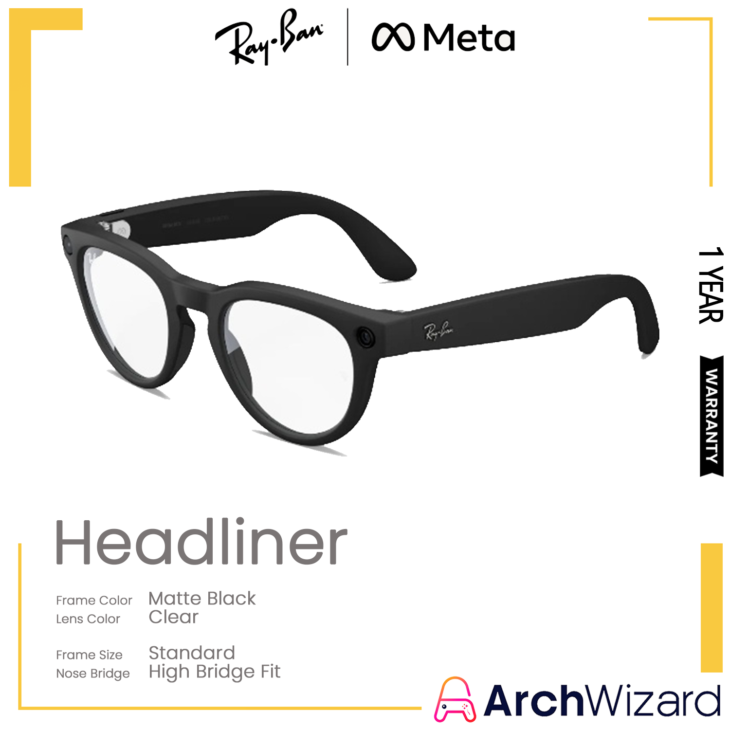Ray Ban Meta Headliner Gen 2 (Standard, High Bridge Fit) Matte Black (Clear)