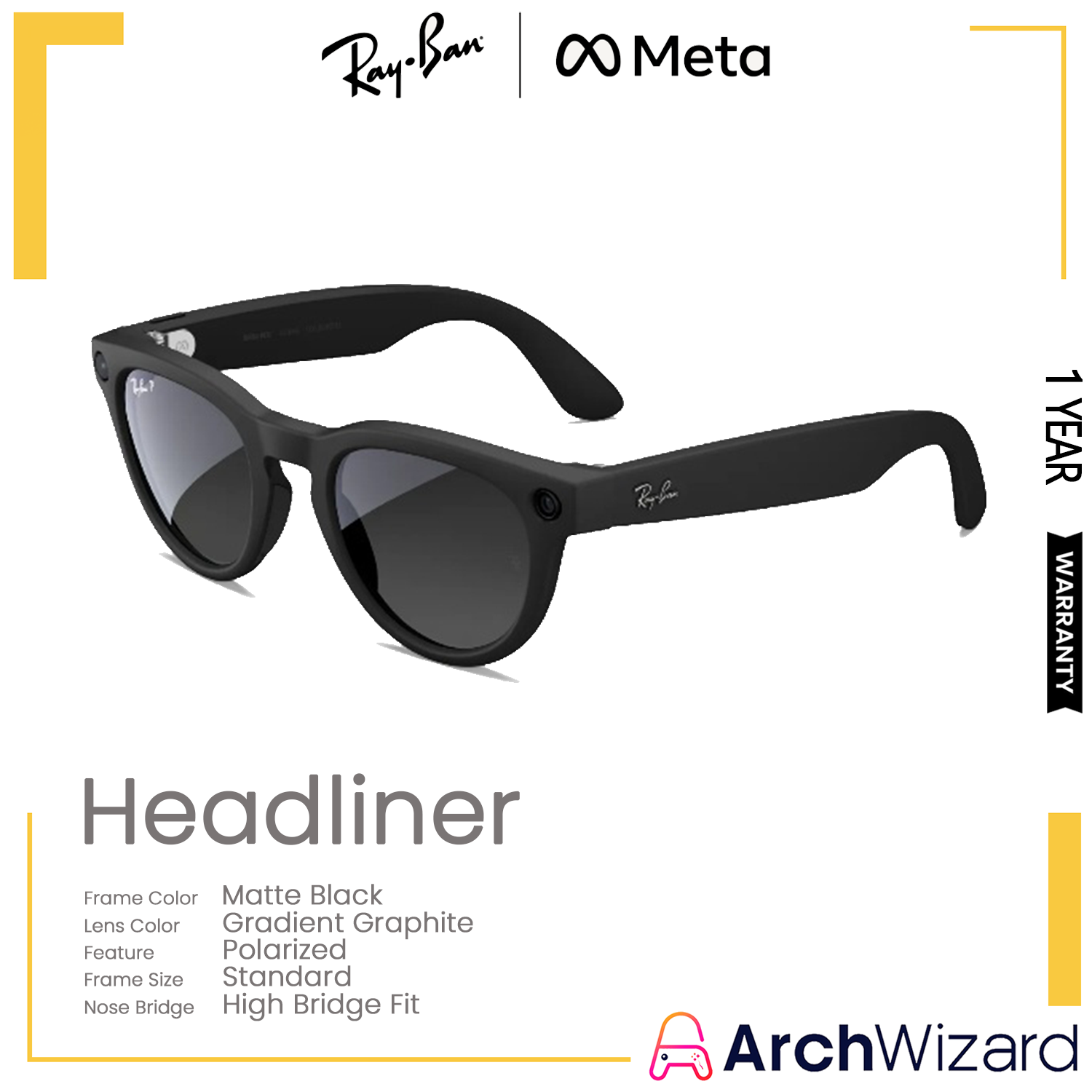 Ray Ban Meta Headliner Gen 2 (Standard, High Bridge Fit) Matte Black (Gradient Graphite, Polarized)