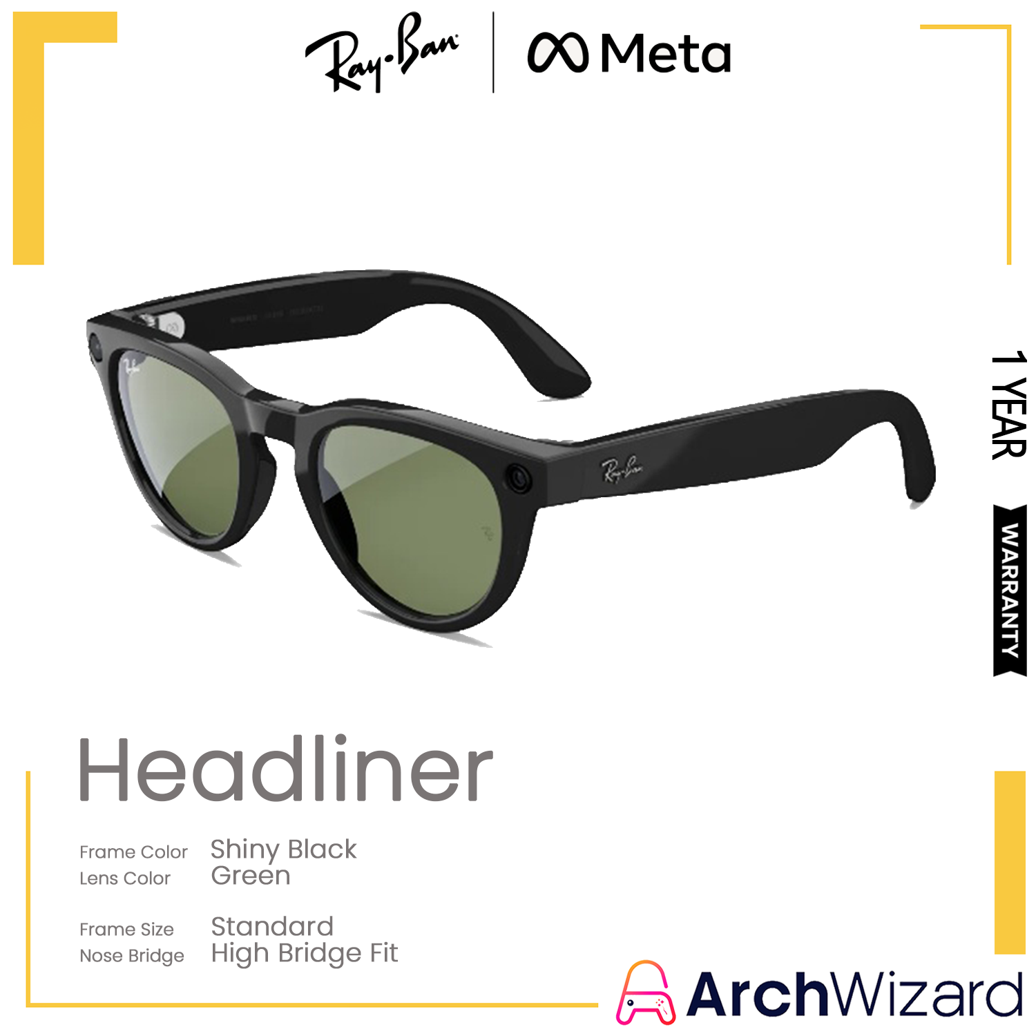 Ray Ban Meta Headliner Gen 2 (Standard, High Bridge Fit) Shiny Black (Green)
