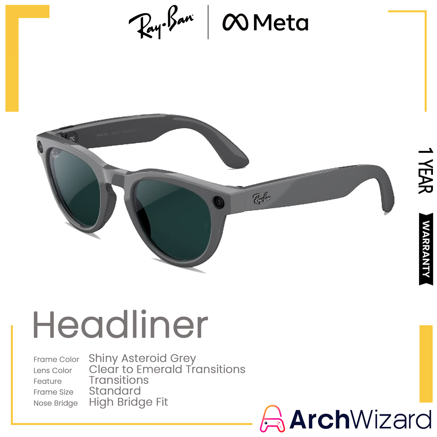 Ray Ban Meta Headliner Gen 2 (Standard, High Bridge Fit) Shiny Asteroid Grey (Clear to Emerald Transitions, Transitions)
