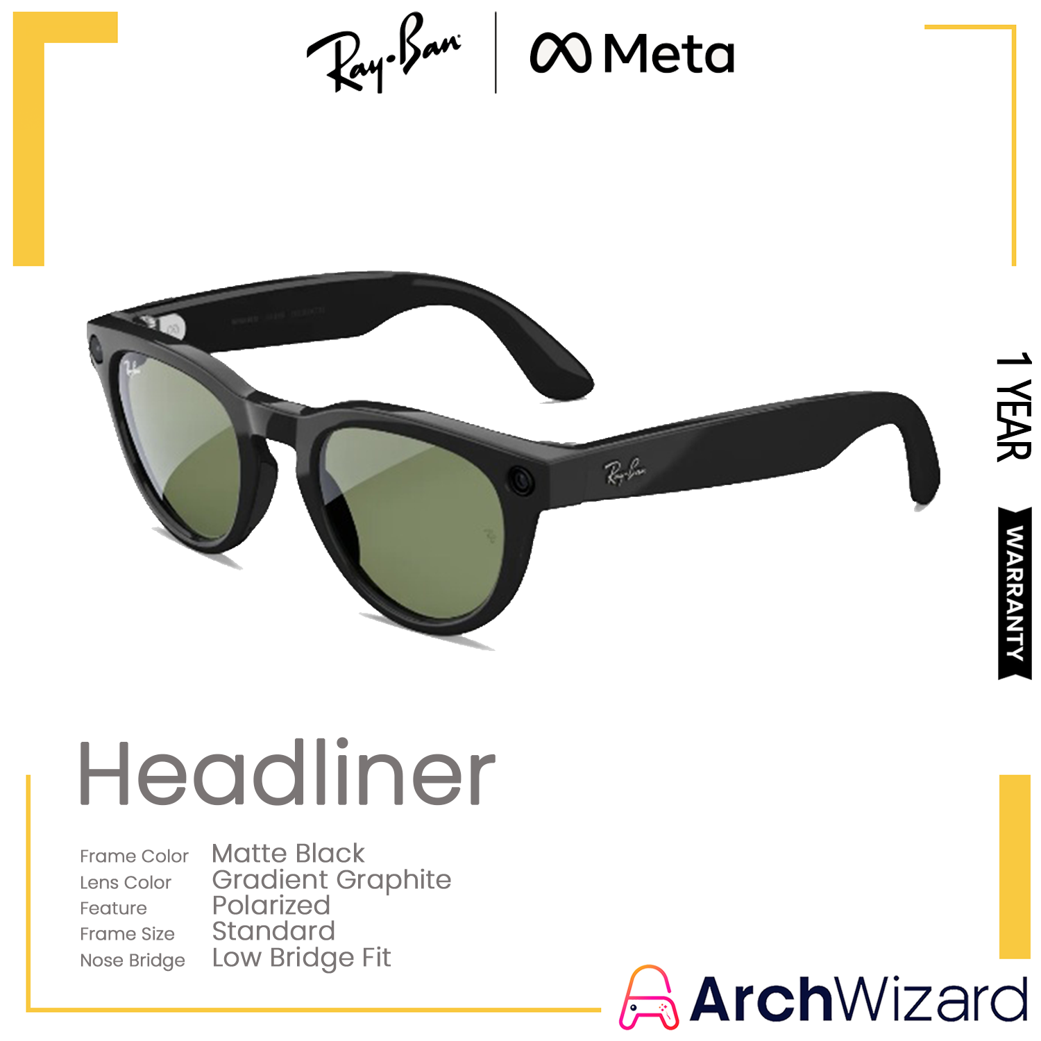 Ray Ban Meta Headliner Gen 2 (Standard, Low Bridge Fit) Shiny Black (Green)