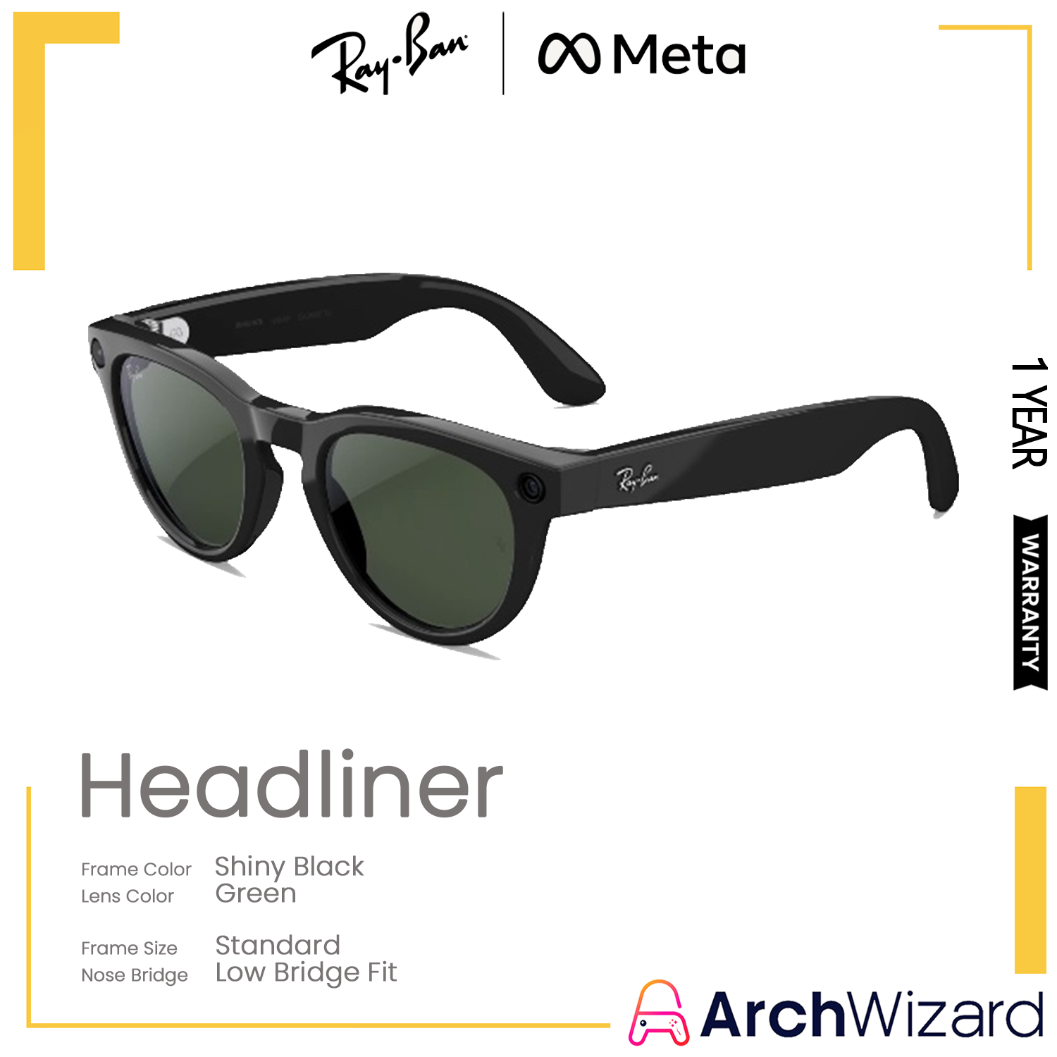 Ray Ban Meta Headliner Gen 2 (Standard, Low Bridge Fit) Shiny Black (Green)