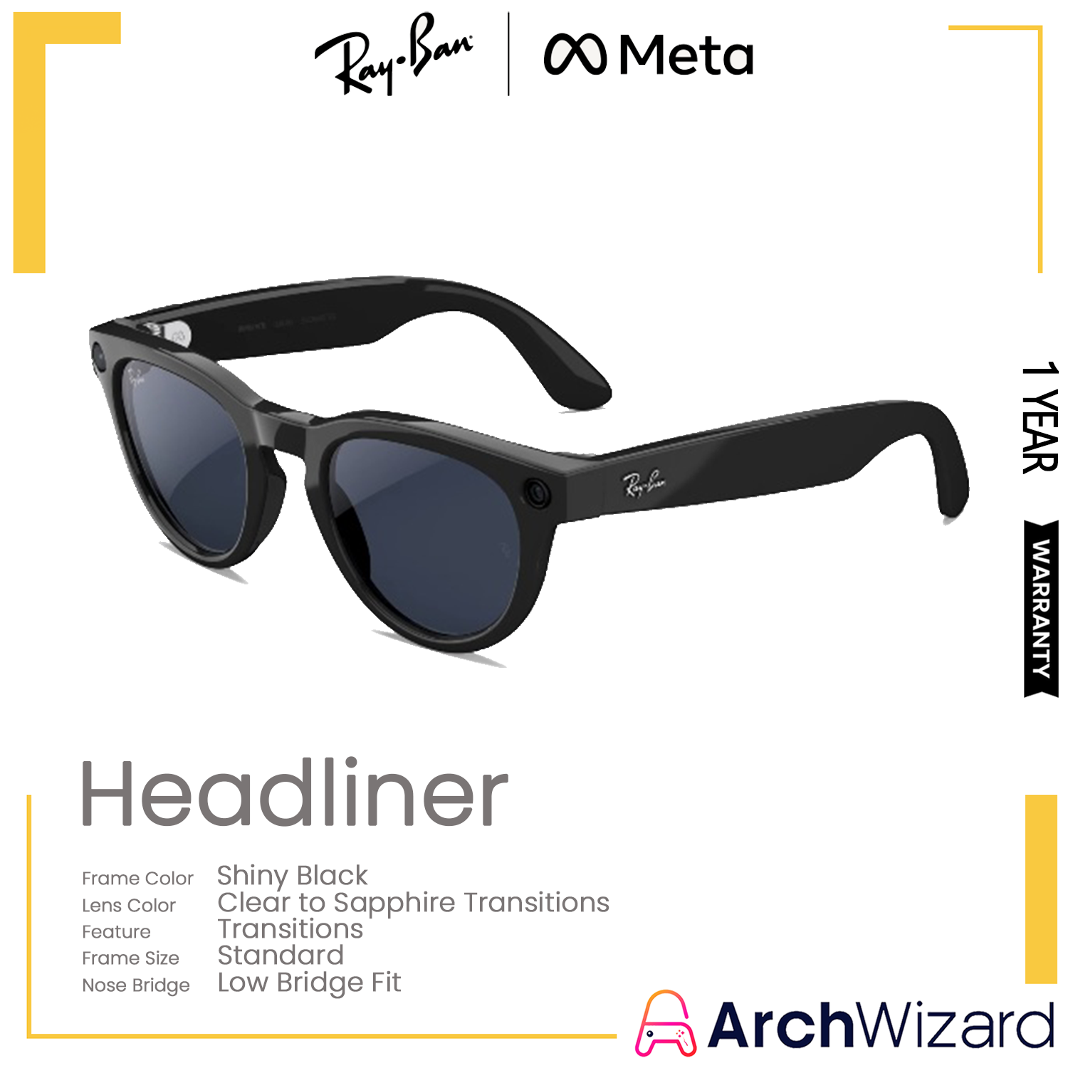Ray Ban Meta Headliner Gen 2 (Standard, Low Bridge Fit) Shiny Black (Clear to Sapphire Transitions, Transitions)