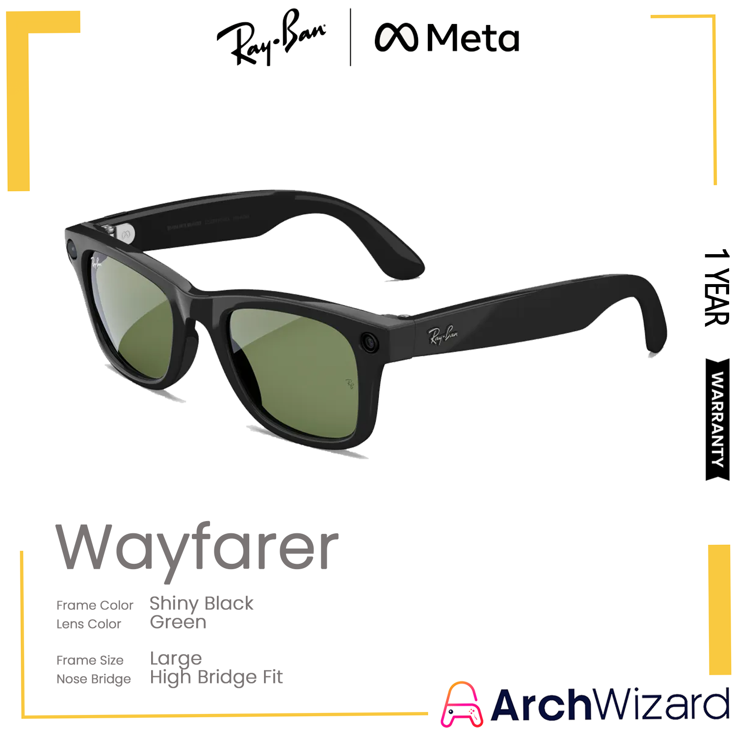 RayBan Meta Wayfarer (Large, High Bridge Fit) Shiny Black (Green)