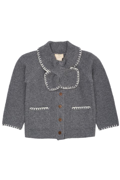 LAMBSWOOL CARDIGAN W COLLAR DK GREY-CREAM COMB