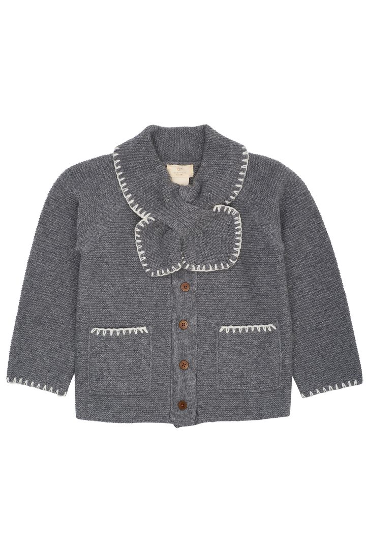 LAMBSWOOL CARDIGAN W COLLAR DK GREY-CREAM COMB