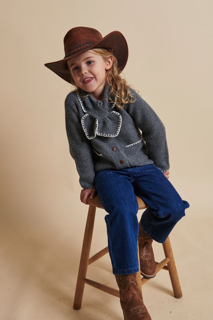 LAMBSWOOL CARDIGAN W COLLAR DK GREY-CREAM COMB 7