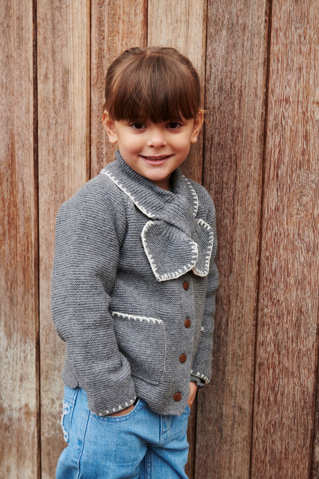 LAMBSWOOL CARDIGAN W COLLAR DK GREY-CREAM COMB 4