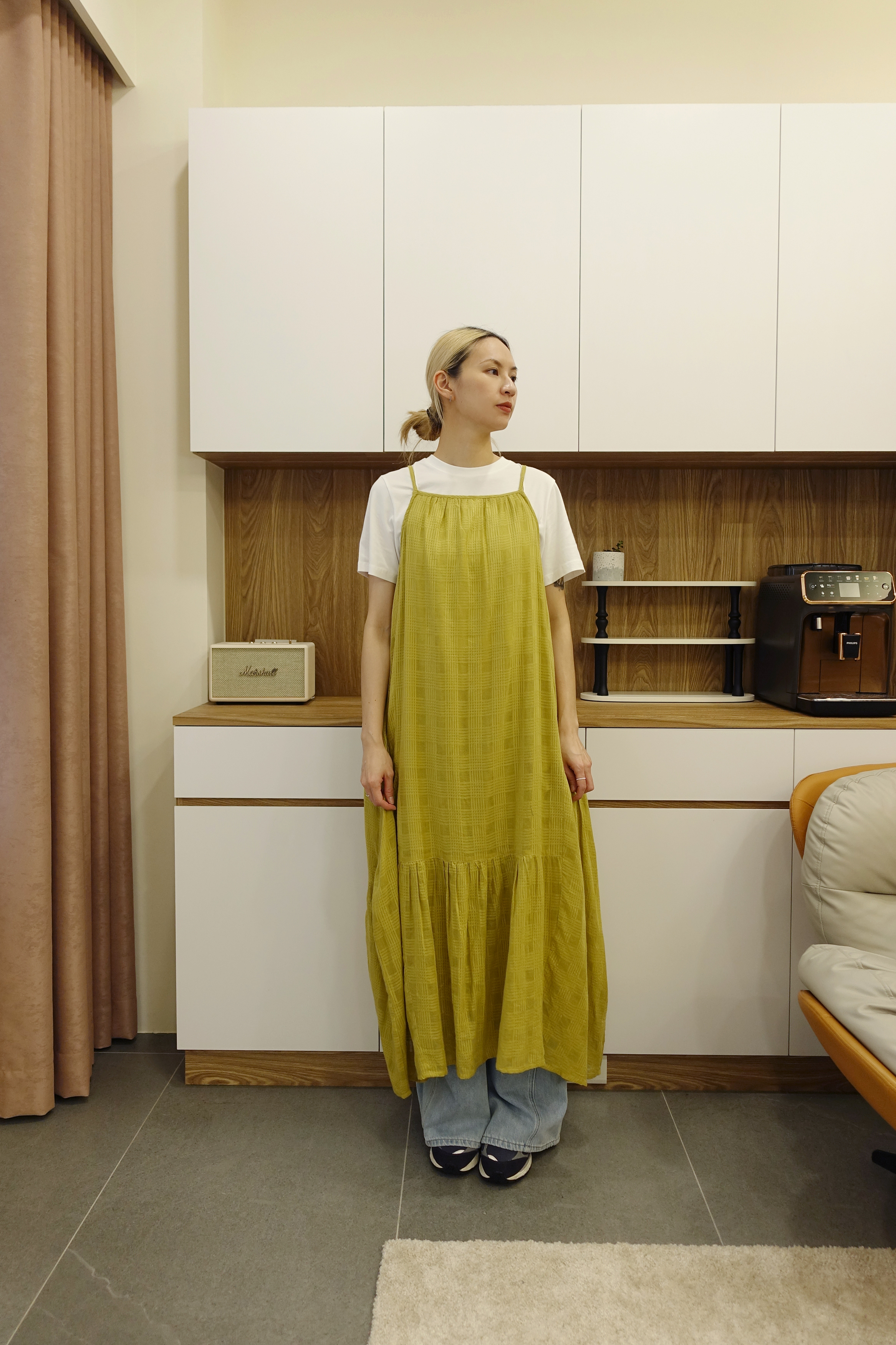 薄棉格紋細肩長洋裝