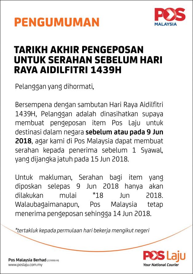 Postal Services Delays During Eid (Hari Raya) 2018