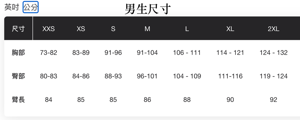tnf men size chart