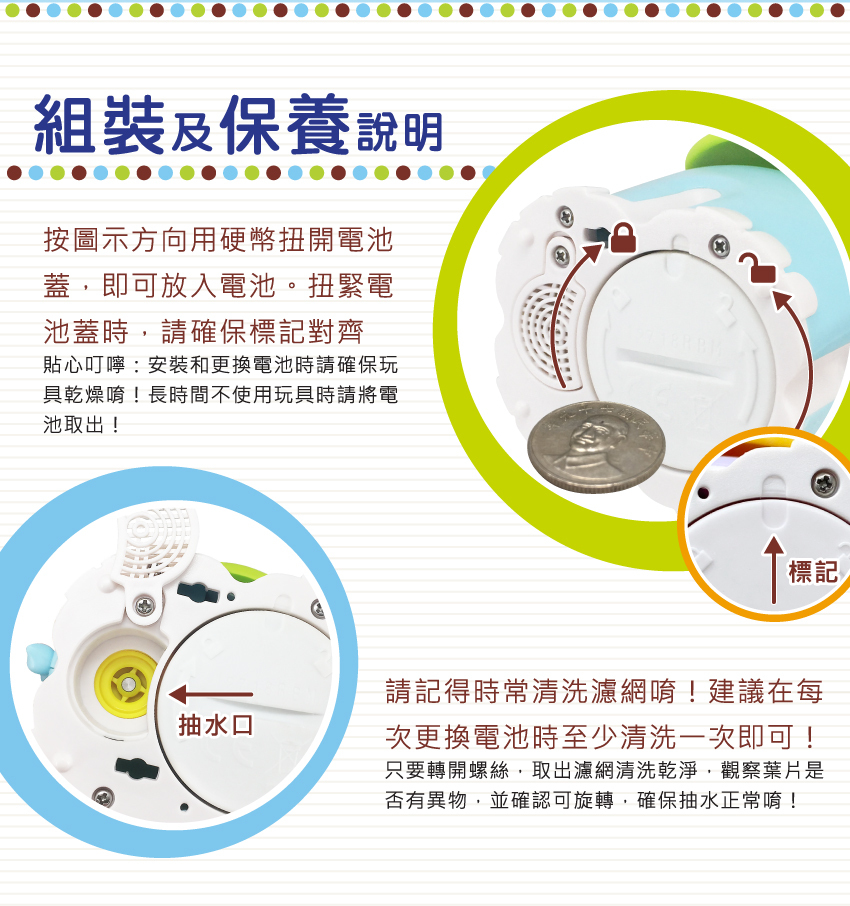 組裝及保養說明：轉開螺絲，按圖示方向用硬幣扭開電池蓋，即可放入電池。貼心叮嚀：安装和更換電池時請確保玩具乾燥唷！長時間不使用玩具時請將電池取出！建議在每次更換電池時至少清洗一次濾網即可！