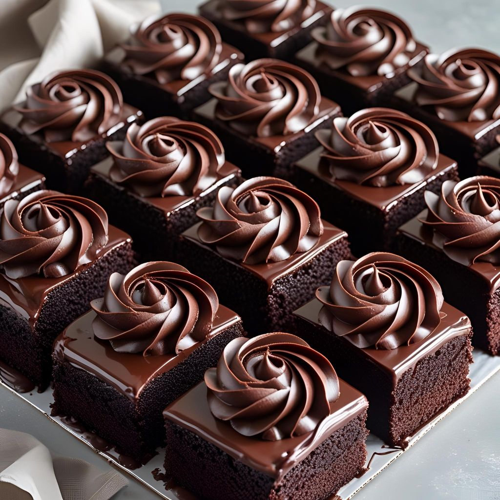 Can I see a 9_ x 9_ chocolate cake with dark chocolate ganache 2 layers of cake, portioned into 36 pieces, and a rosette of dark chocolate ganache on each one.