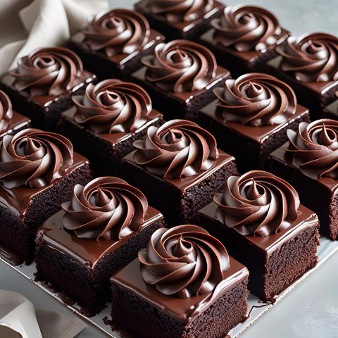 Can I see a 9_ x 9_ chocolate cake with dark chocolate ganache 2 layers of cake, portioned into 36 pieces, and a rosette of dark chocolate ganache on each one.