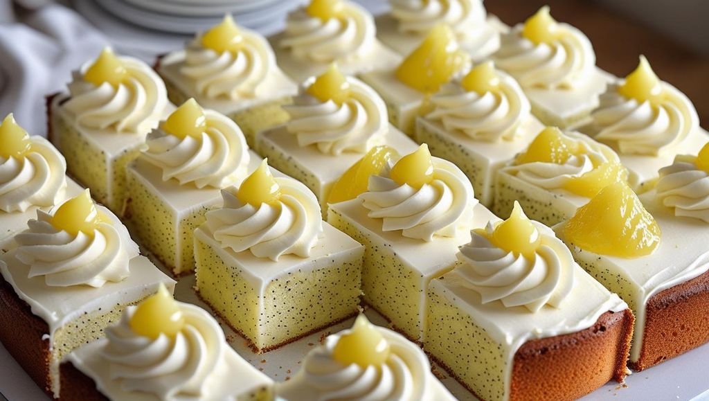 A 9-inch square lemon poppyseed cake, cut into 36 even pieces, each topped with a swirl of creamy white cream cheese frosting piped in a gentle dome, and finished with a delicate sprinkling of lemon zest.  The cake should be presented from 