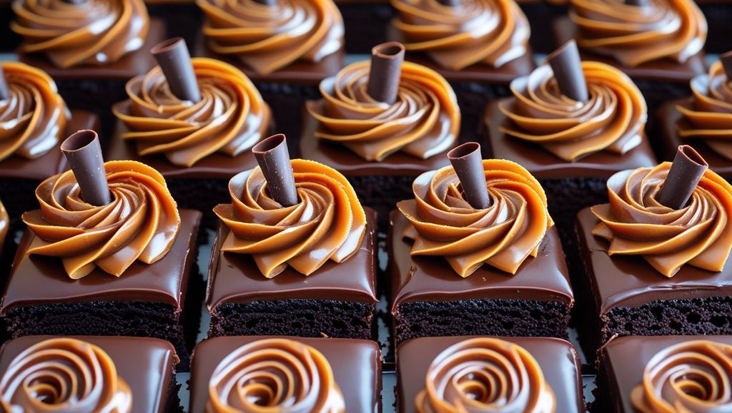 A meticulously crafted, single-layered 9-inch square Belgian chocolate cake, cut into 36 even pieces. Each portion is topped with a delicate rosette of rich salted caramel ganache, showcasing a glossy sheen and subtle texture variations. Th