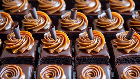 A meticulously crafted, single-layered 9-inch square Belgian chocolate cake, cut into 36 even pieces. Each portion is topped with a delicate rosette of rich salted caramel ganache, showcasing a glossy sheen and subtle texture variations. Th