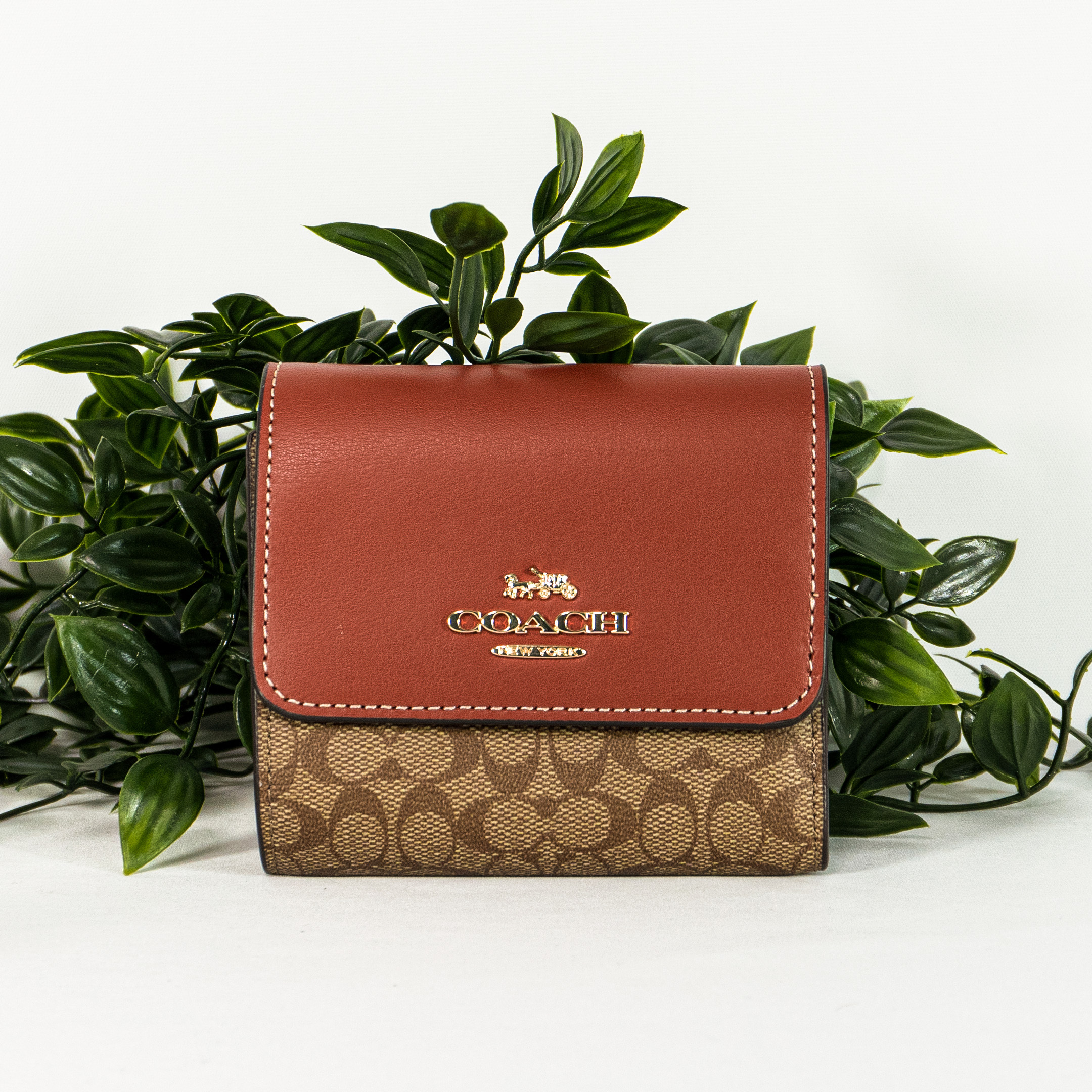 COACH Small Trifold Wallet In Colorblock Signature Canvas in Khaki