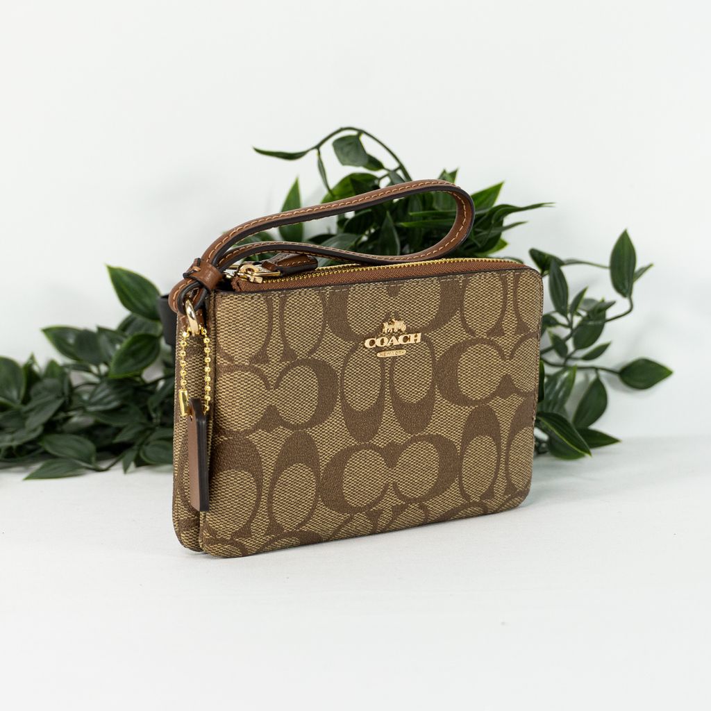 COACH Signature PVC Double Corner Zip Wristlet in Khaki Redwood (87591) –  Masfreenky Shopperholic