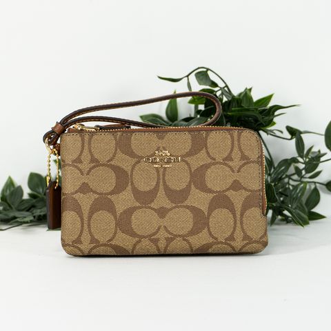 COACH Signature PVC Double Corner Zip Wristlet in Khaki Redwood 1