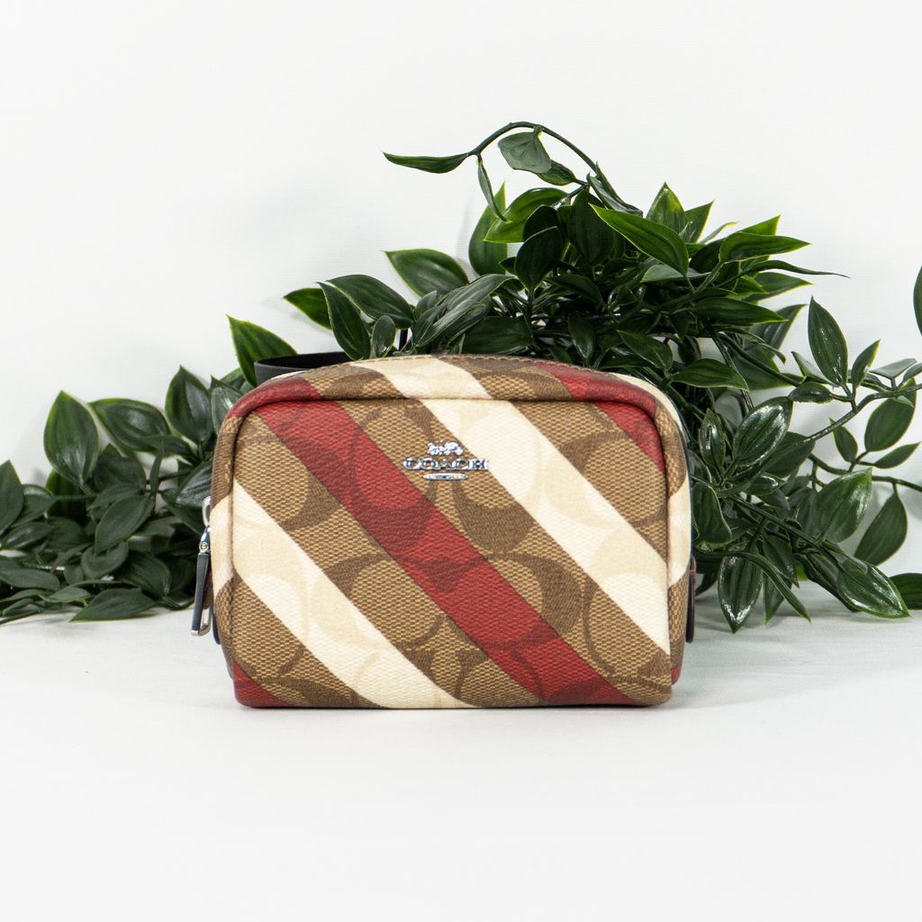 COACH Mini Boxy Cosmetic Case In Signature Canvas With Diagonal Stripe Print in Khaki Multi 1