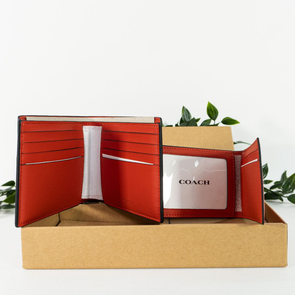 COACH Boxed 3-In-1 Wallet Gift Set Colorblock Signature Canvas in Khaki Red Miami Multi 3