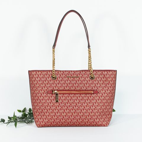 MICHAEL KORS Jet Set Item Print Logo Canvas Medium Front Zip Chain Tote Bag In Chili Pale Gold 1