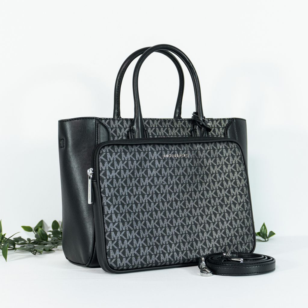 MICHAEL KORS Kali Medium Signature Satchel Handbag With Ipad Case in Black Silver 4