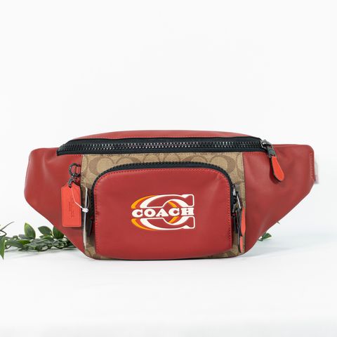 COACH Track Belt Bag In Colorblock Signature Canvas With Coach Stamp in 1941 RedKhaki Multi 1